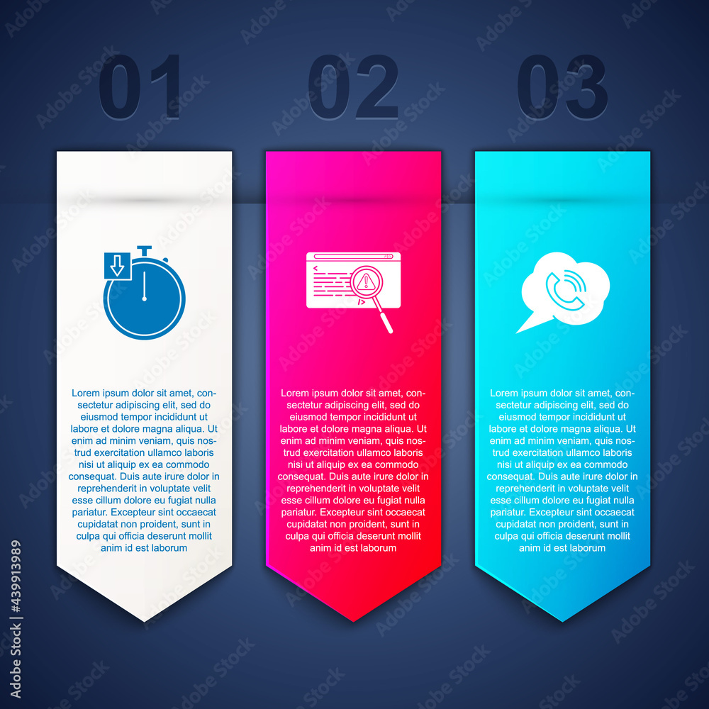 Set Stopwatch, System bug concept and Speech bubble with phone call. Business infographic template. Vector Set Stopwatch, System bug concept and Speech bubble with phone call. Business infographic template. Vector