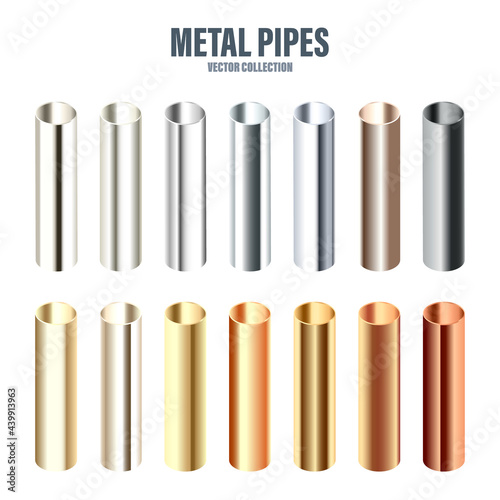 Steel and copper pipes collection. Construction material. Polished metal texture. Silver gradient. Vector illustration.