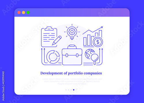 Developing of company's portfolio for attracting new clients concept with thin line icons. Briefcase, successful presentation. Vector illustration.