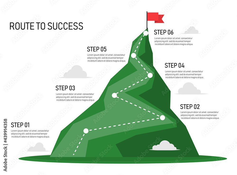 Six step mountain infographic. Path to top of mountain. Business