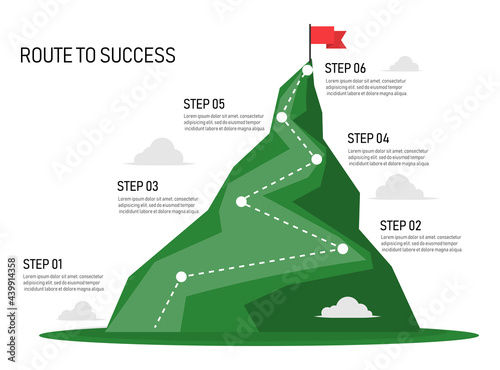 Six step mountain infographic. Path to top of mountain. Business strategy to success. climbing route to goal. business and achievement concept. vector illustration in flat style modern design.