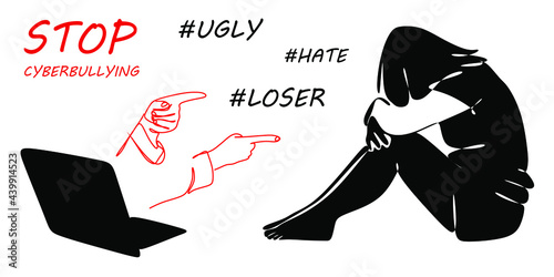 vector drawing of a frightened girl sitting on the floor and struggling because of cyberbullying. Hands, from a laptop screen on social media, blaming the victim. The concept of the psychology 