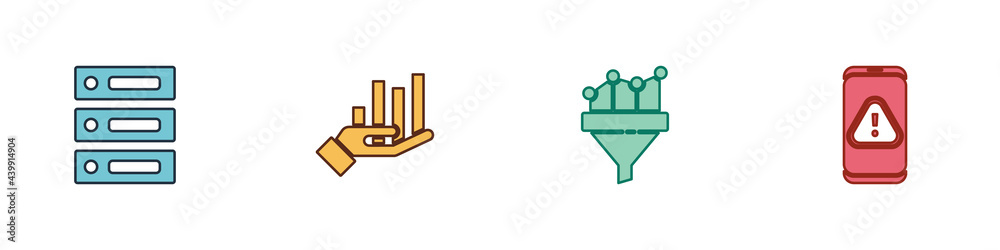 Set Server, Data, Web Hosting, Pie chart infographic, Sales funnel with and Mobile exclamation mark icon. Vector Set Server, Data, Web Hosting, Pie chart infographic, Sales funnel with and Mobile exclamation mark icon. Vector