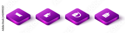 Set Isometric Bathtub, Fabric softener, Dishwashing liquid bottle and plate and Bottles for cleaning agent icon. Vector