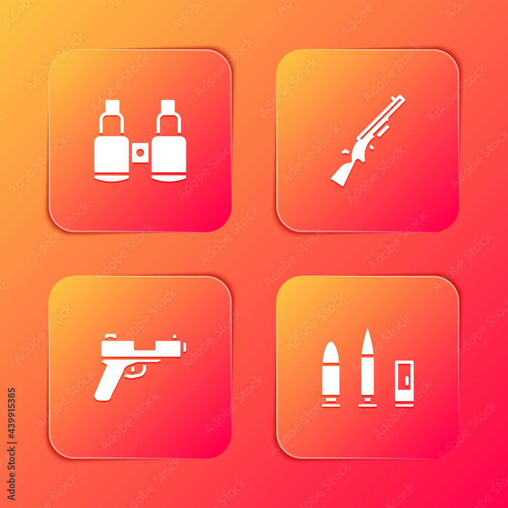 Set Binoculars, Shotgun, Pistol or and Bullet and cartridge icon. Vector Set Binoculars, Shotgun, Pistol or and Bullet and cartridge icon. Vector