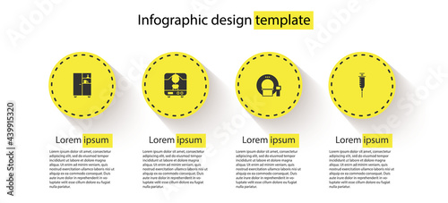 Set Medicine cabinet, X-ray machine, Tomography and Syringe. Business infographic template. Vector