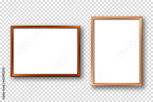 Realistic wooden picture frames with shadow on checkered background. Blank poster mockup. Empty photo frame. Vector illustration.