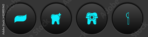 Set Toothpaste, whitening, Teeth with braces and Dental floss icon. Vector