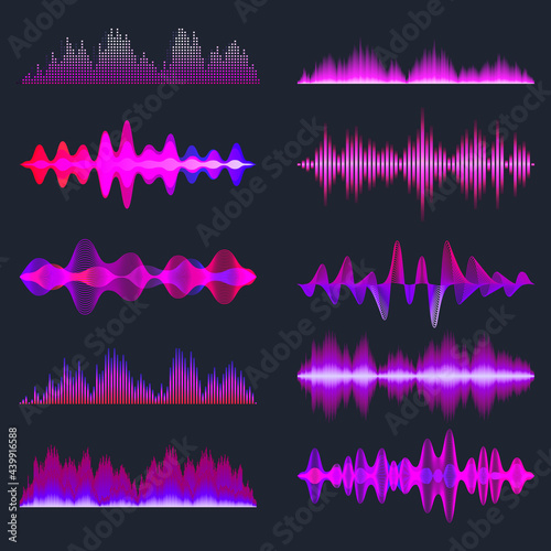 Colorful sound waves collection. Analog and digital audio signal. Music equalizer. Interference voice recording. High frequency radio wave. Vector illustration.