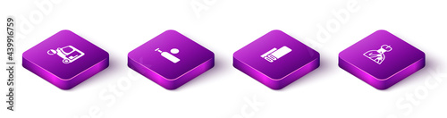 Set Isometric Taxi tuk tuk, Wood cricket bat and ball, Indian textile fabric and man plays flute icon. Vector