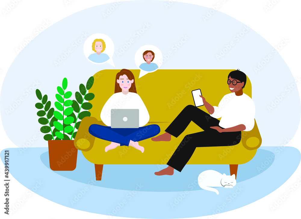 vector illustration of a girl and a man on the couch working via the internet on a laptop and phone vector illustration of a girl and a man on the couch working via the internet on a laptop and phone