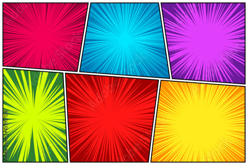 Comic book colorful radial lines collection. Cartoon comics background with motion, speed lines. Retro Pop Art style. Vector illustration. © 32 pixels