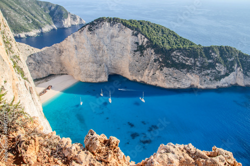 Spectacular view on Navagio sandy beach with famous shipwreck on north west coast of Zakynthos island, Greece