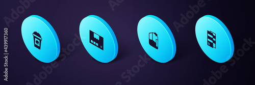 Set Isometric Pantone, Printer ink bottle, Carton cardboard box and Coffee cup go icon. Vector