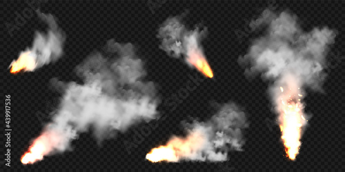 Realistic smoke clouds and fire. Flame blast, explosion. Stream of smoke from burning objects. Forest fires. Transparent fog effect. White steam, mist. Vector design element.
