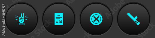Set Hand showing two finger, Poll document, X Mark, Cross circle and Police rubber baton icon. Vector