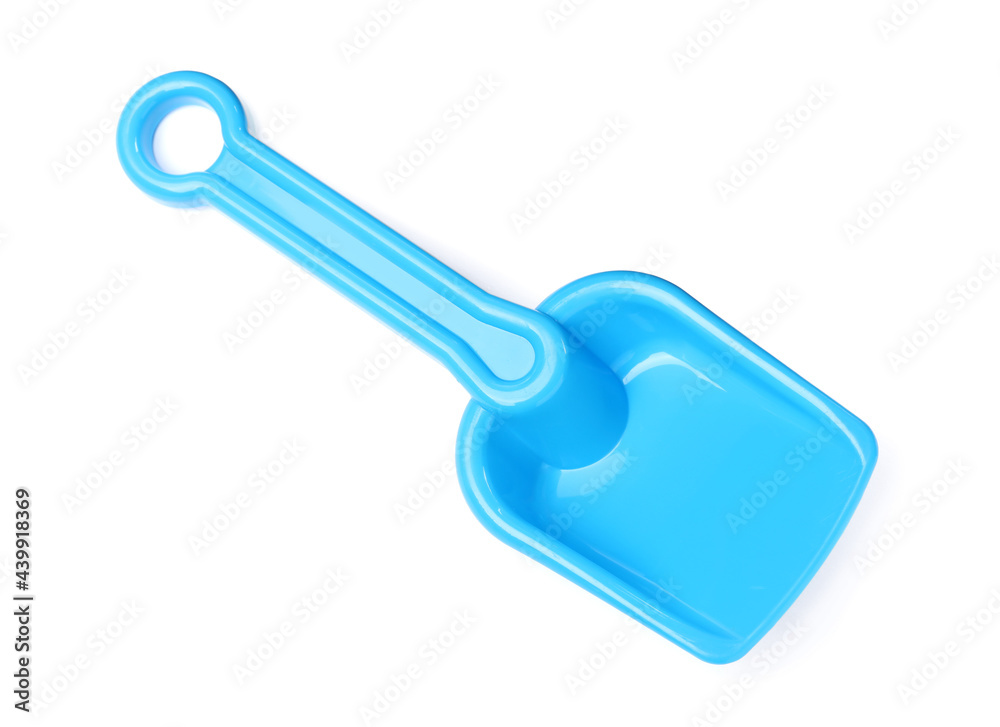 Light blue plastic toy shovel isolated on white, top view Light blue plastic toy shovel isolated on white, top view