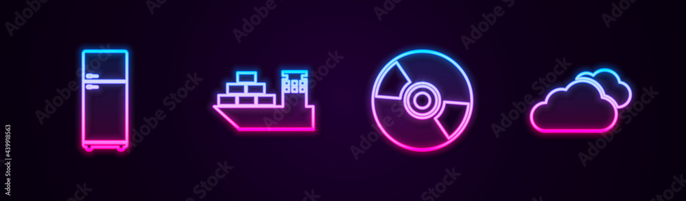 Set line Refrigerator, Cargo ship, CD DVD disk and Cloud. Glowing neon icon. Vector Set line Refrigerator, Cargo ship, CD DVD disk and Cloud. Glowing neon icon. Vector