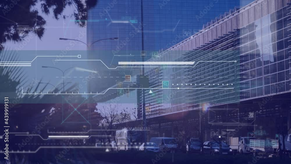 Animation of data processing and network of connections over cityscape Animation of data processing and network of connections over cityscape