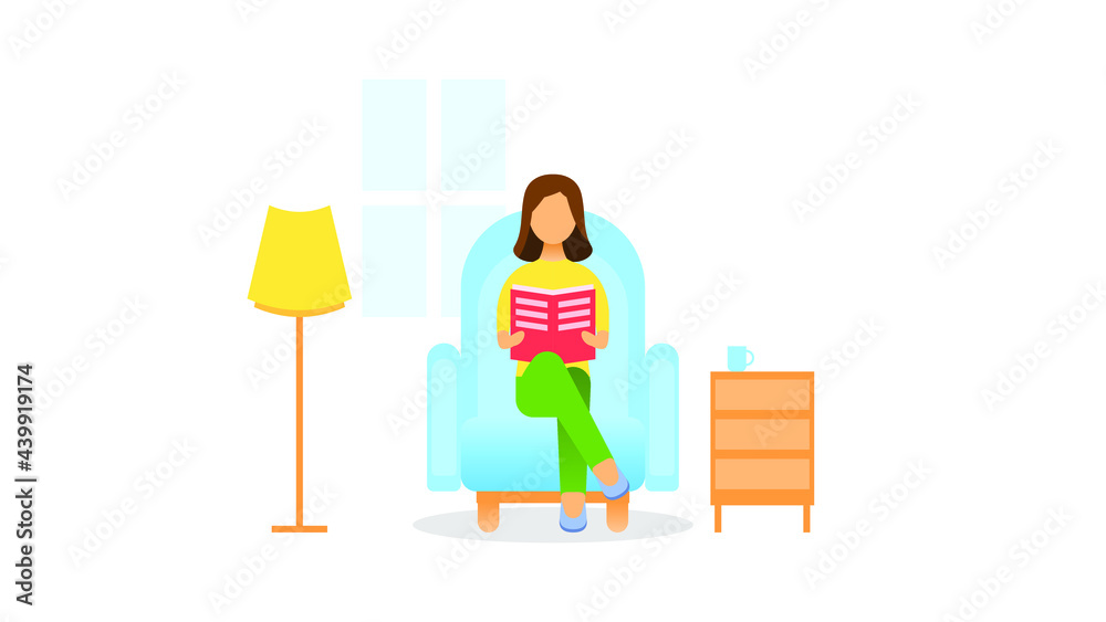 Naklejka premium Abstract Flat Woman Reading Book While Sitting In A Chair Cartoon People Character Concept Illustration Vector Design Style With Bedside Table And Lamp Relaxation Good Mood Rest Leisure