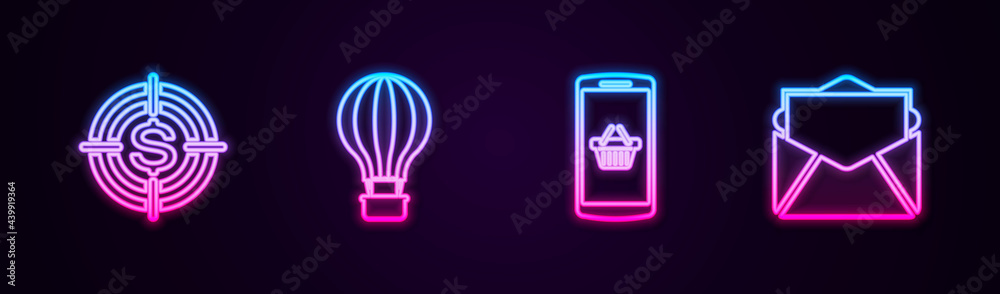 Set line Target with dollar, Hot air balloon, Shopping basket mobile and Mail and e-mail. Glowing neon icon. Vector Set line Target with dollar, Hot air balloon, Shopping basket mobile and Mail and e-mail. Glowing neon icon. Vector
