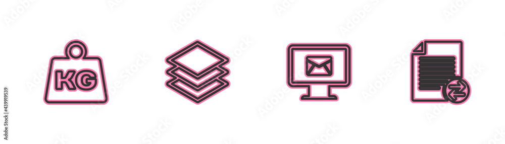 Set line Weight, Monitor and envelope, Layers and Transfer files icon. Vector Set line Weight, Monitor and envelope, Layers and Transfer files icon. Vector