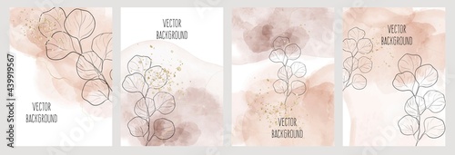 Abstract universal hand drawn vector  set background with eucalyptus and gold glitter 
