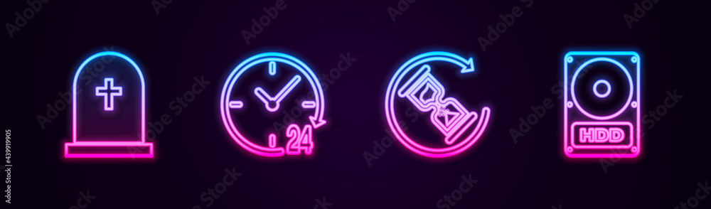 Set line Tombstone with cross, Clock 24 hours, Waiting and Hard disk drive HDD. Glowing neon icon. Vector Set line Tombstone with cross, Clock 24 hours, Waiting and Hard disk drive HDD. Glowing neon icon. Vector
