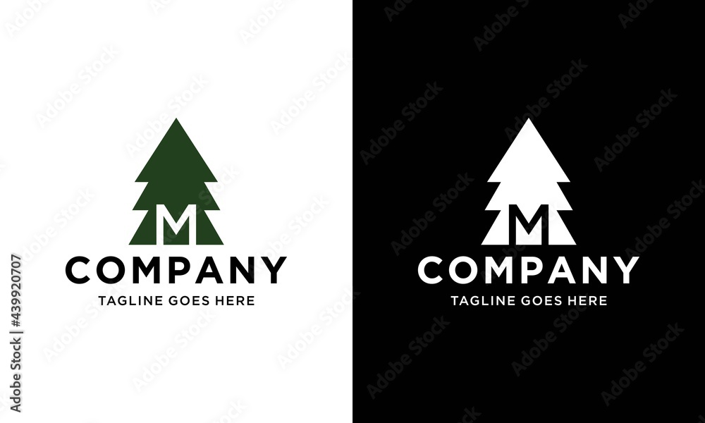 letter M initial and negative space pine tree logo icon vector ...