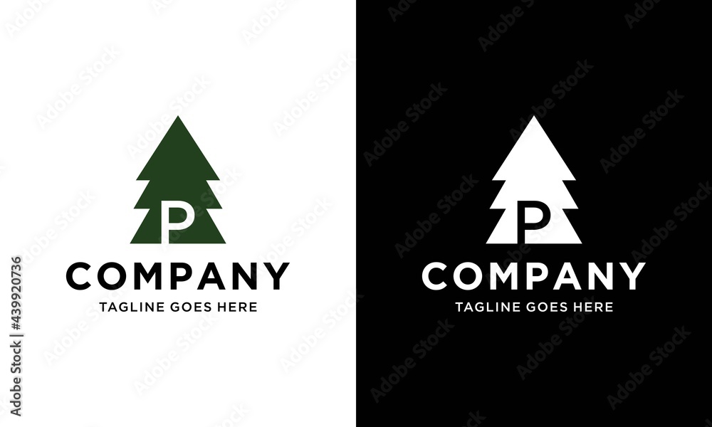 letter P initial and negative space pine tree logo icon vector ...