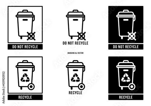 A set of manipulation symbols for packaging products and goods. Marking - Do not throw away! Special disposal required! Marking - Recycle. Vector elements.