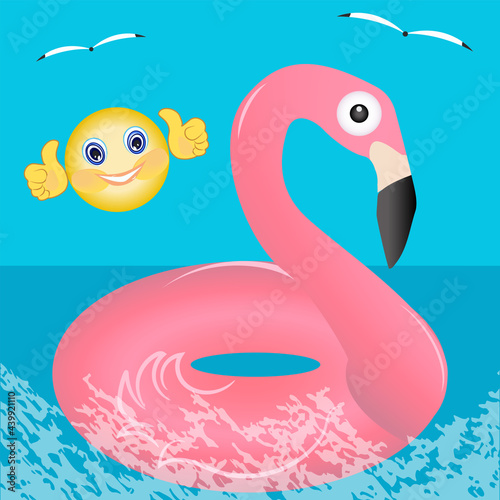Swimming inflatable pink flamingo seascape, cheerful little man - vector. Summer vacation. © istorsvetlana