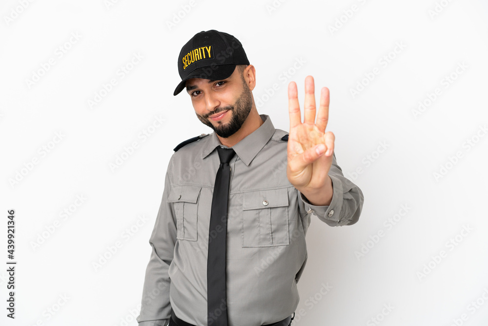 Young arab man isolated on white background happy and counting three with fingers Young arab man isolated on white background happy and counting three with fingers