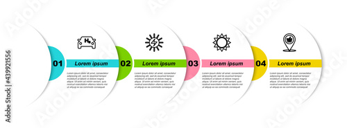 Set line Hydrogen car, Solar energy panel, Sun and Location shopping basket. Business infographic template. Vector