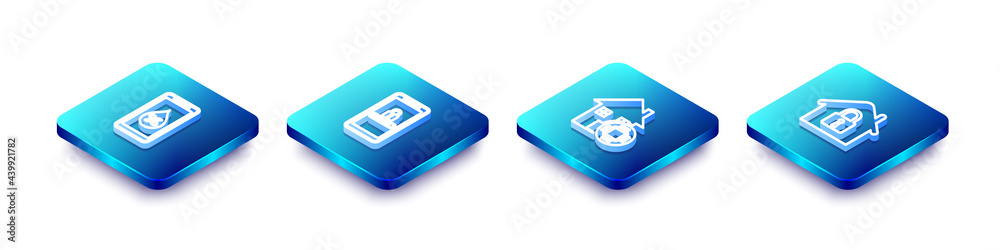 Set Isometric line Humidity for smart home, Mobile and password protection, Smart and House under icon. Vector