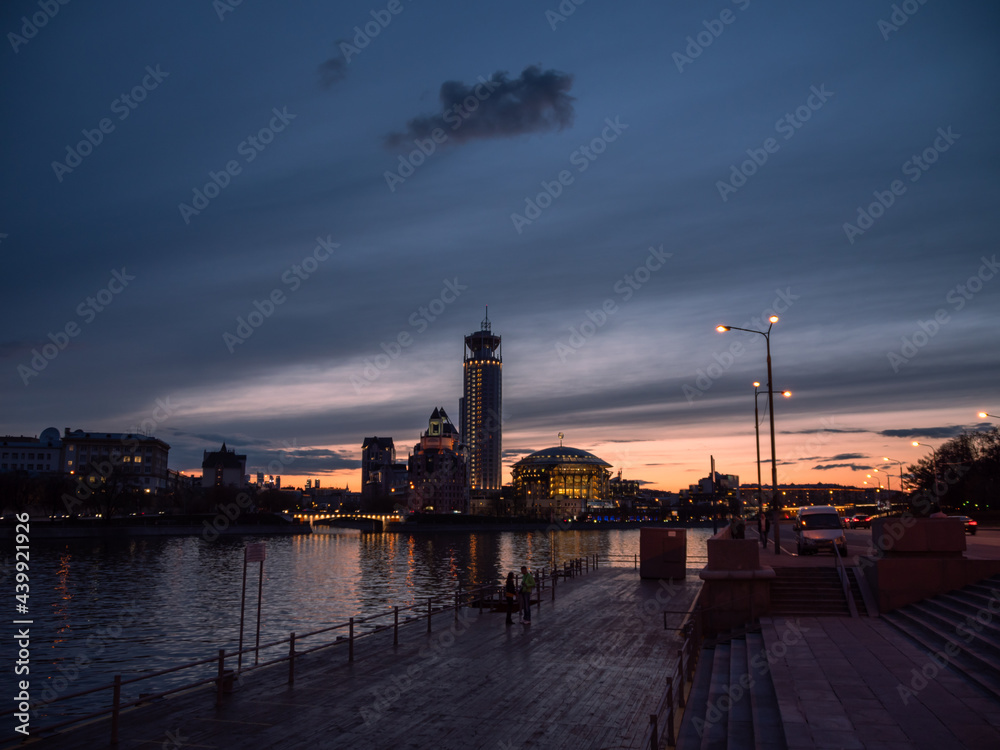House of Music at Moscow River at cloudy sunset