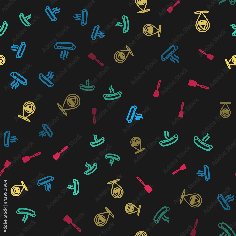 Set line Hotdog sandwich, , Location with barbecue and Barbecue spatula on seamless pattern. Vector Set line Hotdog sandwich, , Location with barbecue and Barbecue spatula on seamless pattern. Vector