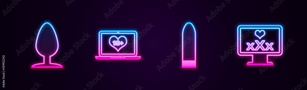 Set line Anal plug, Laptop with 18 plus content, Dildo vibrator and Monitor. Glowing neon icon. Vector Set line Anal plug, Laptop with 18 plus content, Dildo vibrator and Monitor. Glowing neon icon. Vector