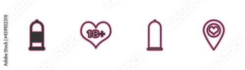 Set line Condom safe sex, , 18 plus content heart and Location with icon. Vector