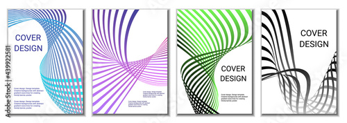 A set of 4 abstract covers. Wavy parallel gradient lines, ribbons evolve. Cover design, background. Trendy banner, poster.