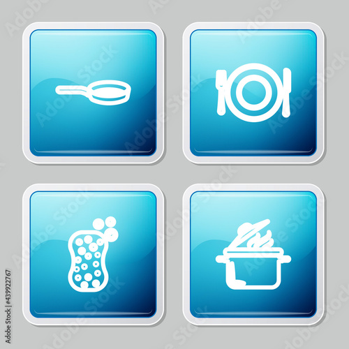 Set line Frying pan, Plate, fork and knife, Sponge with bubbles and Cooking pot icon. Vector