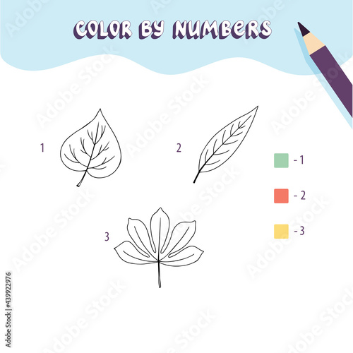 Coloring page with cute autumn leaves. Color by numbers. Educational kid game, drawing childrens activity, printable worksheet.