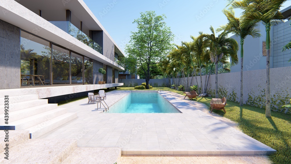 3d render of modern house with apparent concrete finishes and pool view