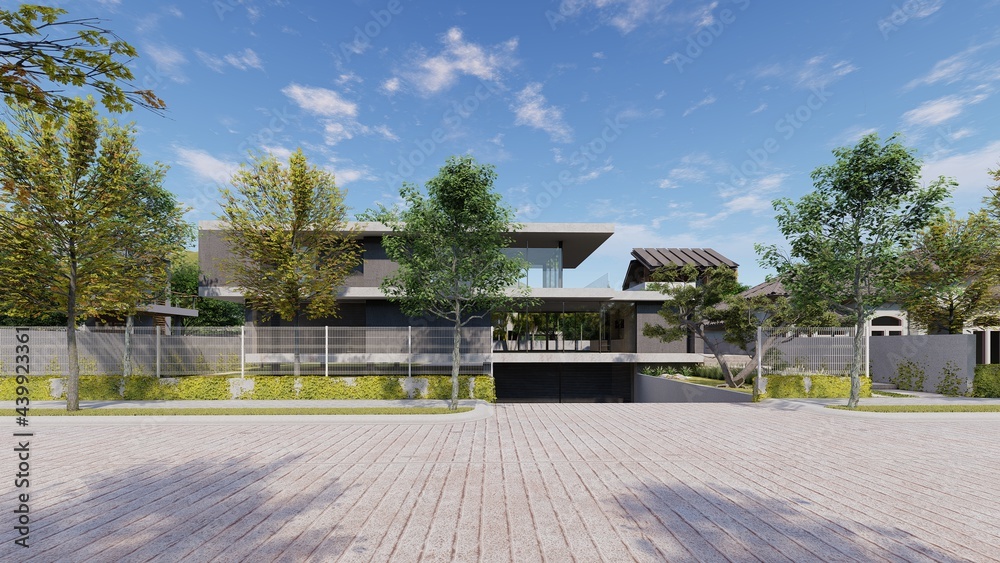 3d render of modern house with apparent concrete finishes