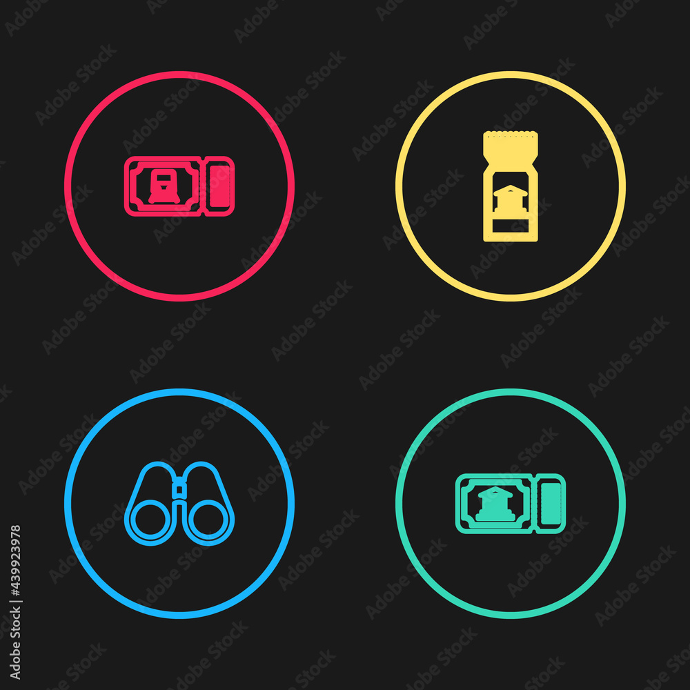 Set line Binoculars, Museum ticket, and Train icon. Vector Set line Binoculars, Museum ticket, and Train icon. Vector