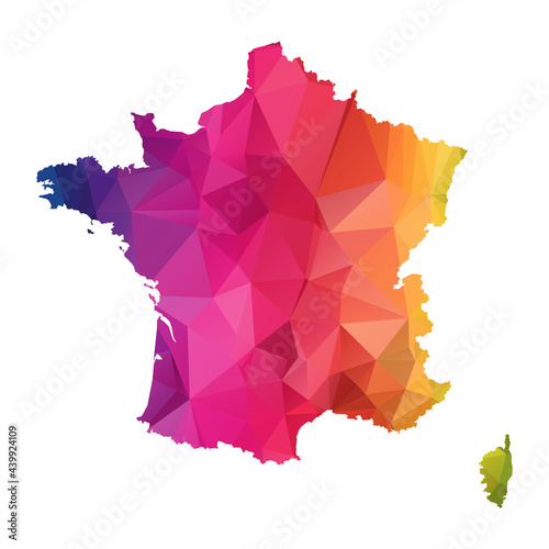 Abstract Polygon Map - Vector illustration Low Poly Color Rainbow France map of isolated. Vector Illustration eps10.