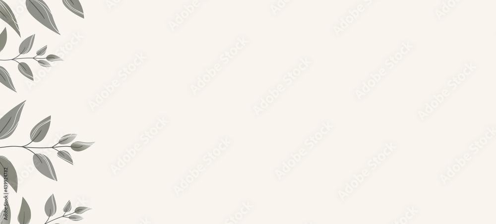 Floral web banner with drawn grey exotic leaves. Nature concept design. Modern floral compositions with summer branches. Vector illustration on the theme of ecology, natura, environment Floral web banner with drawn grey exotic leaves. Nature concept design. Modern floral compositions with summer branches. Vector illustration on the theme of ecology, natura, environment
