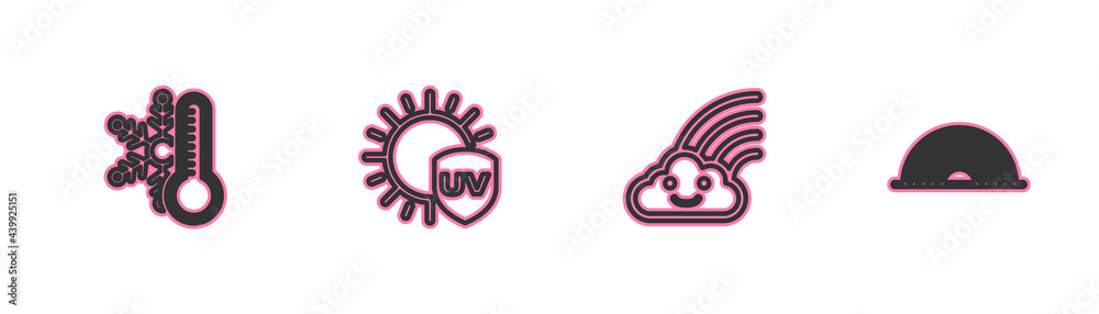 Set line Thermometer with snowflake, Rainbow cloud, UV protection and icon. Vector Set line Thermometer with snowflake, Rainbow cloud, UV protection and icon. Vector