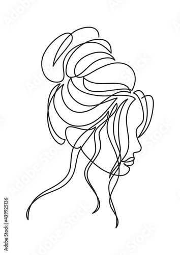 Abstract portrait of a woman with an elegant hairstyle. Beauty salon, hairdresser, wedding. Vector illustration, minimalism, line art, continuous line. Icon, symbol, logo for package, poster, card