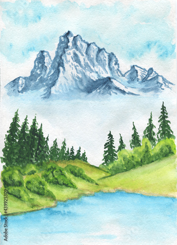Watercolor clipart Mountains, Summer camping . landscape, travel, watercolor forest, wall art. © SavirinaArt